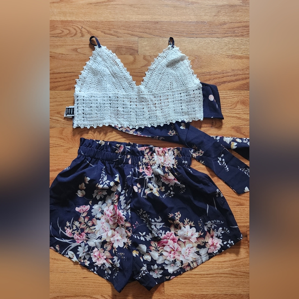 SHEIN 2 Piece Set Cream Crochet Bralette with Navy Floral Shorts Set